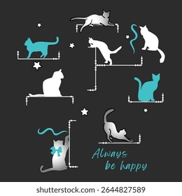 Cute Cats silhouettes with hanging beads and stars on dark background. Minimalist pets illustration rhinestone hotfix for t-shirt design. apparel, sticker, poster