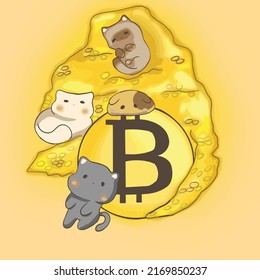 Los gatos se sientan en una montaña de criptodivisa y juegan. Ilustración del vector