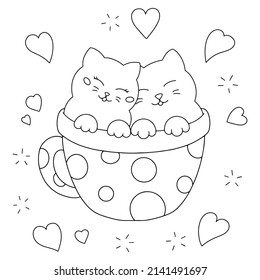 Cute cats sit together in a cup. Coloring book page for kids. Valentine's Day. Cartoon style character. Vector illustration isolated on white background.