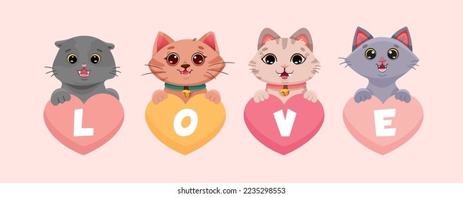 Cute cats sitting in colorful hearts with text of love in cartoon style. Vector illustration for valentine day posters, t-shirt design, greeting cards, kids printing