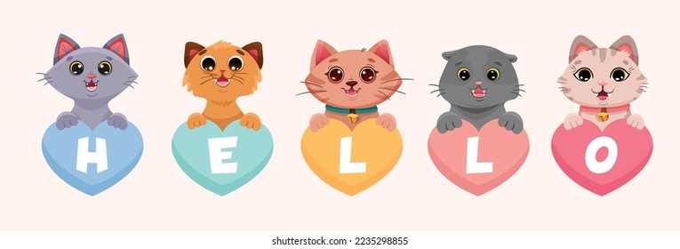 Cute cats sitting in colorful hearts with Hello text text in cartoon style. Vector illustration for valentine day posters, t-shirt design, greeting cards, kids printing