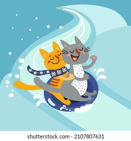 Cute Cats Sledding Down Hill. Happy Kittens In Winter Snow Landscape. Cartoon Animals, Funny Pets On Holiday. Hand Drawn Vector Illustration For Kids. Flat Design. Idea For Print On Baby Cards, Poster