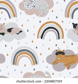 Gatos adorables durmiendo en las nubes. Patrón impecable dibujado a mano con mascotas y arcos de colores. Se puede usar para guarderías, diseño infantil, papel pintado.