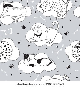 Gatos adorables durmiendo en las nubes. Patrón sin costuras dibujado a mano con animales en un fondo gris. Se puede usar para guarderías, diseño infantil, papel pintado.