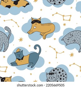 Cute cats sleeping on the clouds. Hand-drawn seamless pattern with animals on a blue background. Can be used for nursery, kids design, wallpaper.