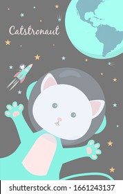 Cute cats in space. Declaration of love. I love you to the moon and back. Astronaut cats. Poster about the universe. Colorful vector illustration.