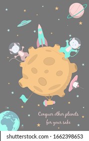 Cute cats in space. Declaration of love. I love you to the moon and back. Astronaut cats. Poster about the universe. Colorful vector illustration.