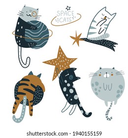 Cute cats in space vector clipart. Cute cartoon cat characters with in cosmos. Ready design for cards, poster, apparel.