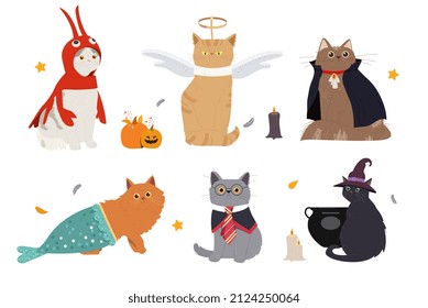 Cute cats in spooky Halloween costumes set. Scary kittens in costume crab, witch, dracula angel and wizard. Creepy animals for holiday. Cartoon flat vector collection isolated on white background