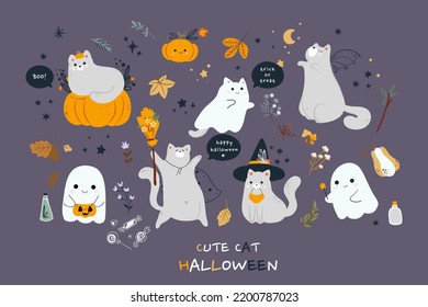 Gatos cortos con tenebrosos disfraces de Halloween. Animales felinos divertidos y espeluznantes en sombreros para las vacaciones de otoño de muertos. Aterradores monstruos de gatitos. Ilustración vectorial plana coloreada aislada en fondo blanco