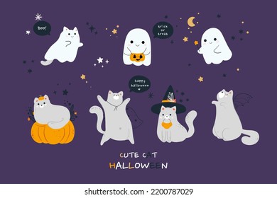 Gatos cortos con tenebrosos disfraces de Halloween. Animales felinos divertidos y espeluznantes en sombreros para las vacaciones de otoño de muertos. Aterradores monstruos de gatitos. Ilustración vectorial plana coloreada aislada en fondo blanco