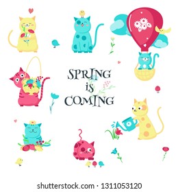 Cute cats with spring flowers and birds. Vector illustration isolated on white background. Happy funny kittens for greeting card, invitation, sticker, poster, print.