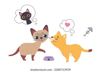 Cute Cats Standing Near Empty Feed Bowl with Thought Bubble Vector Illustration