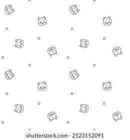 Cute cats and stars on seamless pattern. Black and white kittens. Cartoon, vector