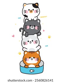 Cute cats stay in fish can with heart and paw.Meow.Kitten.Pet animal character cartoon design.Image for card,sticker,baby clothing.Kawaii.Vector.Illustration.