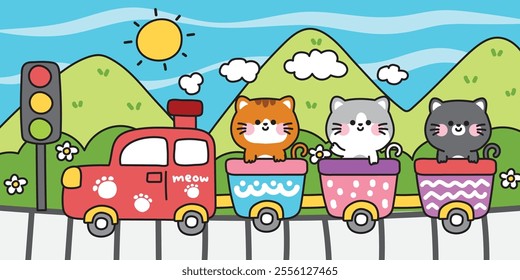 Cute cats stay on train.Vehicle.Meow.Pet animal character cartoon design.Railway tracks,traffic light,mountain,cloud,sun,flower hand drawn.Kawaii.Vector.Illustration.