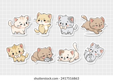 Cute cats sticker pack, vector illustration