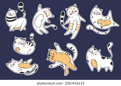 Pegatinas de gatos cortas diferentes plantea el concepto de mascotas domésticas. Ilustración del concepto de diseño gráfico plano vectorial