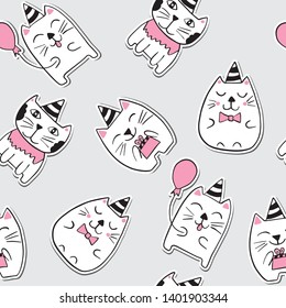 Cute cats stickers seamless pattern. Black, white and pink repeating background of cartoon characters. Vector illustration.