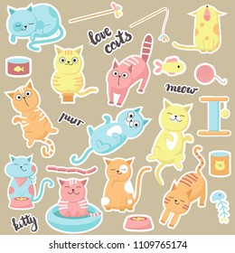 Cute cats stickers. Vector hand drawn illustration of happy love cats, kittens eating, licking, sleeping, meowing and playing.