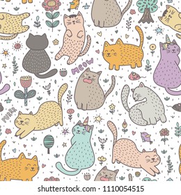 Cute cats in the summer seamless pattern. Great for cards, invitations, fabric and textile. Vector illustration