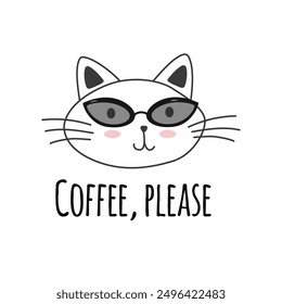 Cute cats in sunglasses with coffee, please words. Characters, stickers, t-shirt designs.