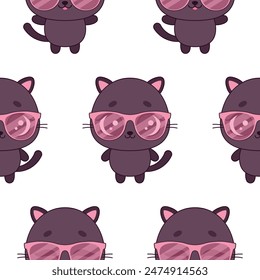 Cute cats with sunglasses on white background. Seamless pattern with kawaii animals. Vector summer illustration. Cool print for kids' clothes.