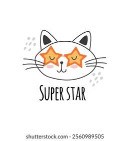 Cute cats in sunglasses with super star words. Characters, stickers, t-shirt designs.