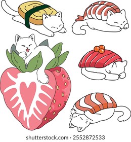 Gatos lindos y sushi, conjunto de Vector