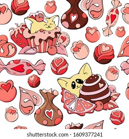 Cute Cats with Sweets, Chocolate and fruits, heart seamless pattern vector doodle stock illustration, isolated colorful print for menu, paper, textile, fabric, greeting /invitation card or stickers