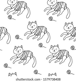 Cute cats are tangled in yarn and clews. Vector seamless pattern, black ink on white background. Great for fabric, wrapping papers, wallpapers, covers.  Knitting hobby in doodle outline.