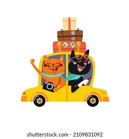 Cute cats travelling by yellow car. Funny kittens have a  journey by car with luggage. Happy summer vacation. Cartoon character, hand drawn vector illustration for kids, isolated on white. Flat design