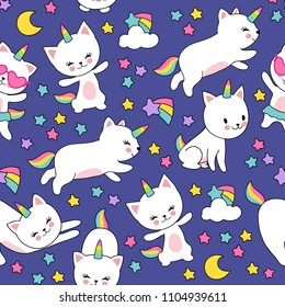Cute cats unicorn vector seamless pattern for kids textile print. Illustration of kitten horned comic and colored star