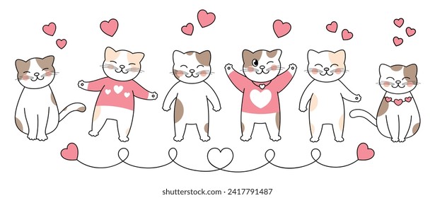Cute cats in valentine day lovely pet vector. Collection of cats with little heart. Adorable animal characters for clipart, decoration, prints, cover, greeting card, sticker, banner.