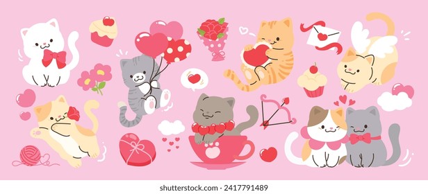 Gatos bonitos en vectores adorables de mascotas en el día de San Valentín. Colección de gatos con poco corazón, flor, globo. Caracteres animales adorables para clipart, decoración, impresiones, cubierta, tarjeta de saludo, pegatina, banner.