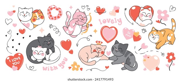 Cute cats in valentine day lovely pet vector. Collection of cats with little heart, arrow, flower. Adorable animal characters for clipart, decoration, prints, cover, greeting card, sticker, banner.