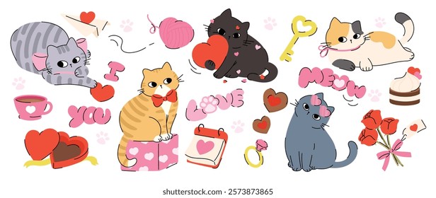 Cute cats in valentine day lovely pet vector. Collection of cats with little heart, flower, gift. Adorable animal characters for clipart, decoration, prints, cover, greeting card, sticker, banner.