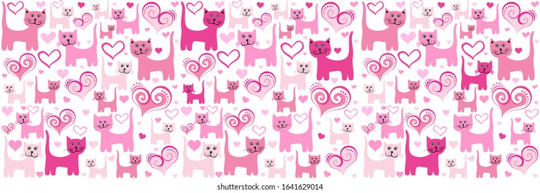 Cute cats. Valentines day background. Celebration white background with pink Cats and hearts. Horizontal card format for web banner or header  Vector illustration.