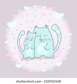 Cute cats. Valentines day background. Vector illustration. Love concept. Hugging couple