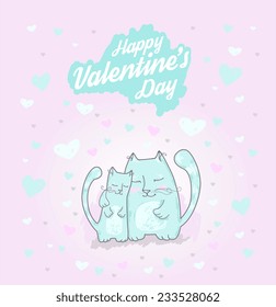 Cute cats. Valentines day background. Vector illustration. Love concept. Hugging couple. Valentine