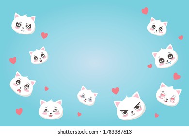 cute cats with various emotions hearts love cartoon faces animals vector illustration