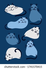 Gatos cortos en varias poses. Animales extraídos de puntos. Afiche del vector dibujado para niños
