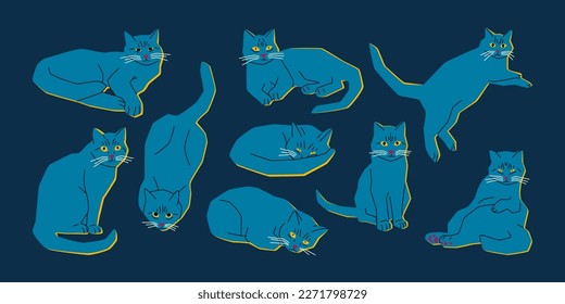 Gatos bonitos en varias poses. Montaje divertido de dibujos animados de animales de compañía, colección de diseño moderno. Ilustración plana del vector