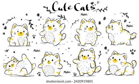 cute cats in various poses hand drawn, scribble art