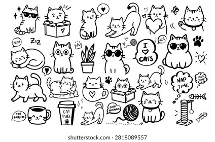 Cute cats in various poses; a hand-drawn vector illustration in doodle style featuring a collection of black-and-white cat drawings