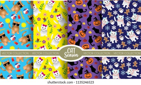 cute cats vector with 4 season : sunny summer. cheerful spring, awesome autumn and flufy white winter.