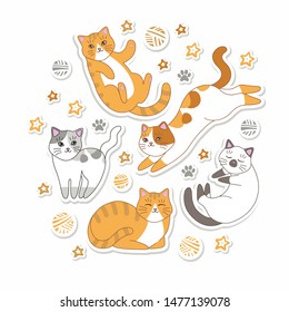 Cute cats vector illustration for baby clothes, label, banner. Cartoon flat drawing for cat lovers. Playful and sleeping kittens in a pattern