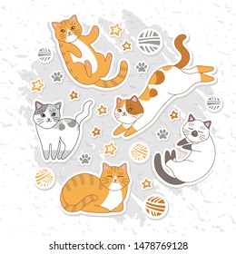 Cute cats vector illustration for baby clothes, label, banner. Cartoon flat drawing for cat lovers. Playful and slipping kittens in a pattern