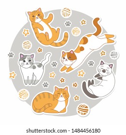 Cute cats vector illustration for baby clothes, label, banner. Cartoon flat drawing for cat lovers. Playful and slipping kittens in a pattern