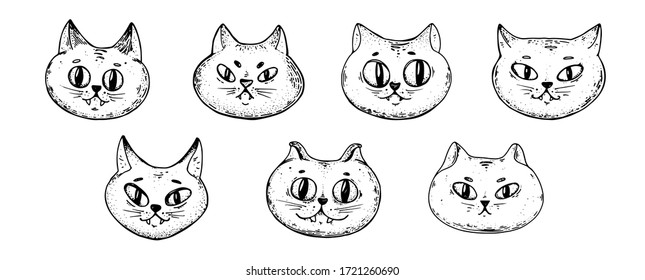 Cute cats vector illustration. Hand drawn character cat . Sketch illustration. Cat heads.